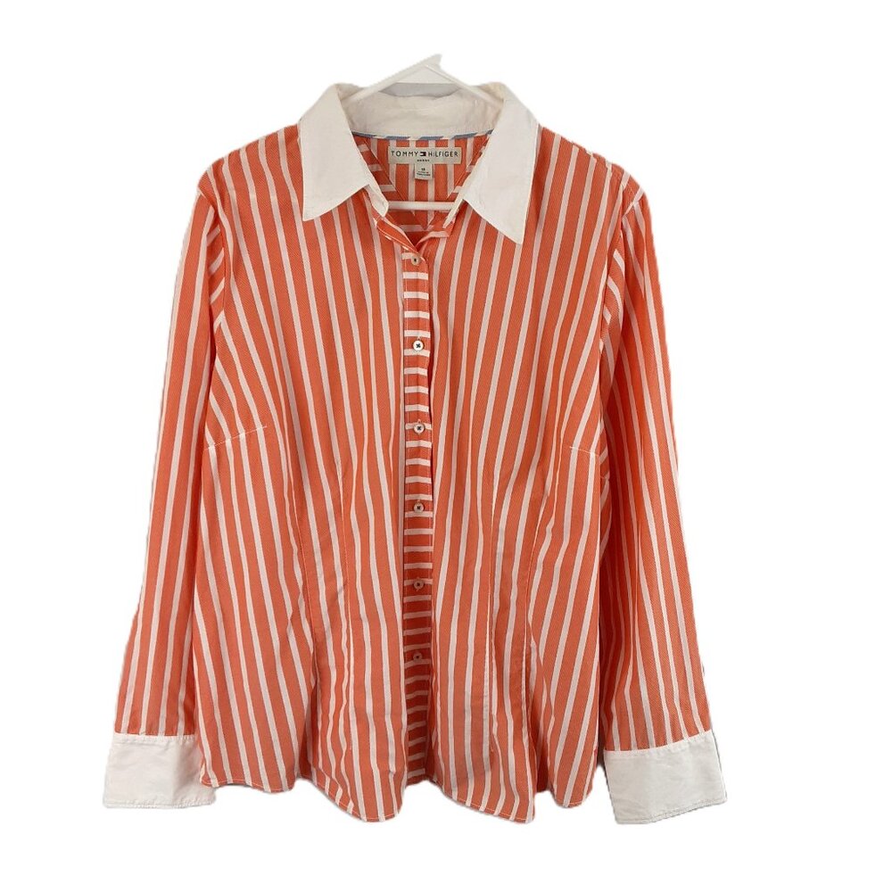 Vintage Y2K Tommy Hilfiger Womans Button Down Size 18 Orange White Long Sleeve